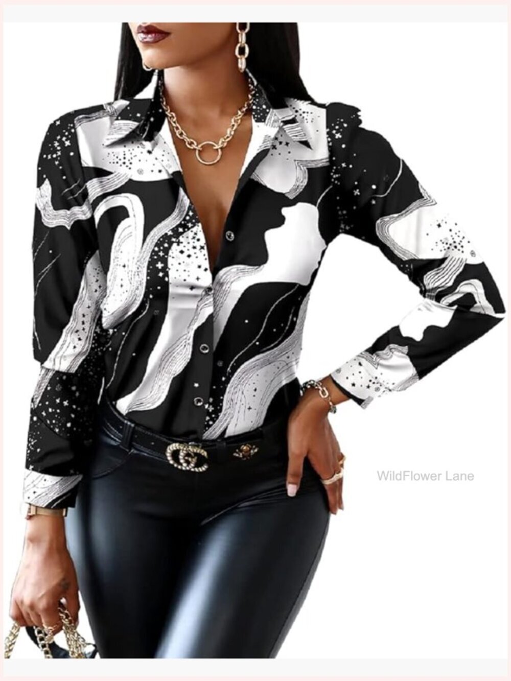 Dressy Casual Long Sleeve Floral Print Button Down Blouse Tunic Top
